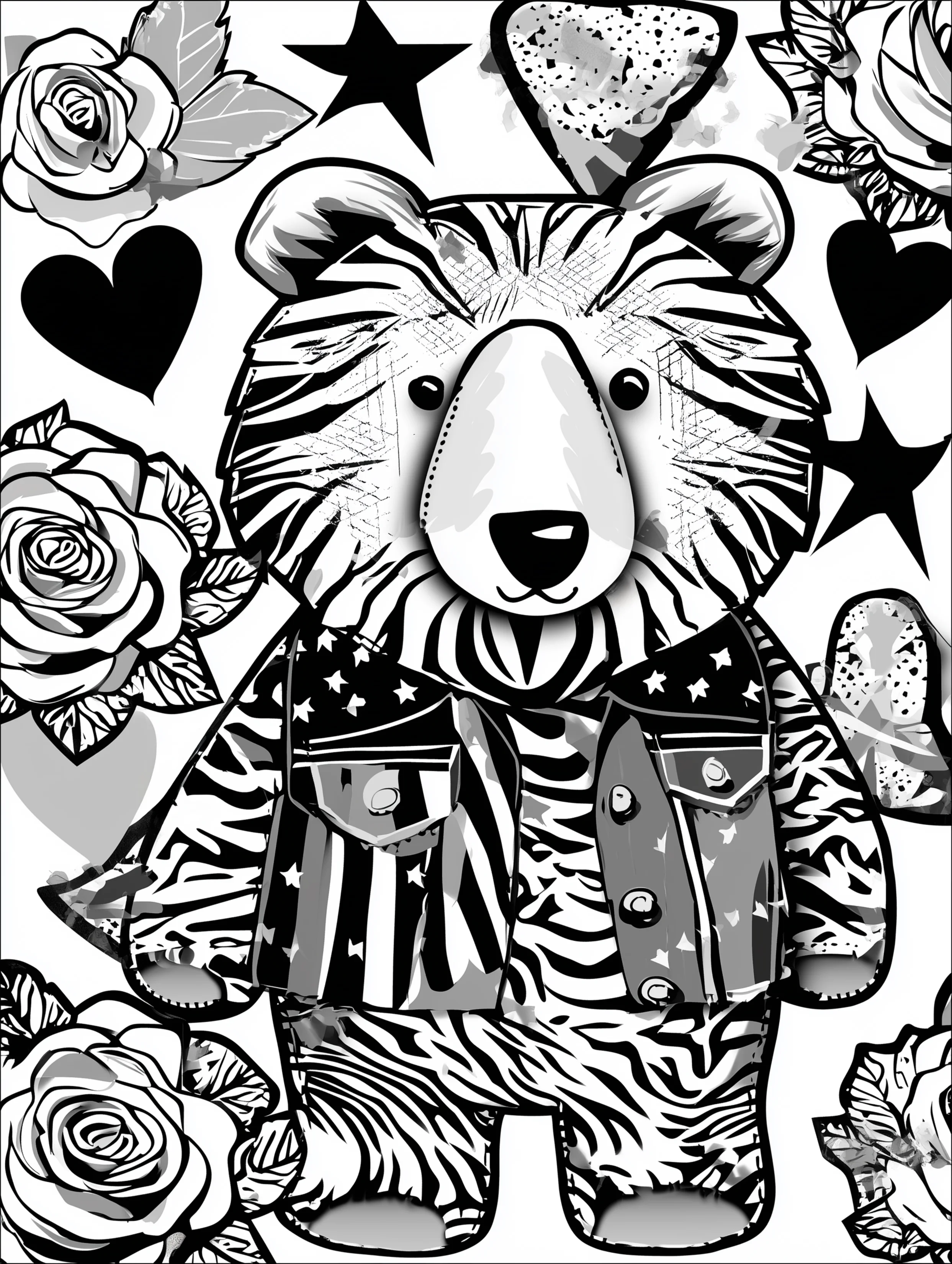 Free printable bear coloring book page featuring a bear wearing a jacket with stars